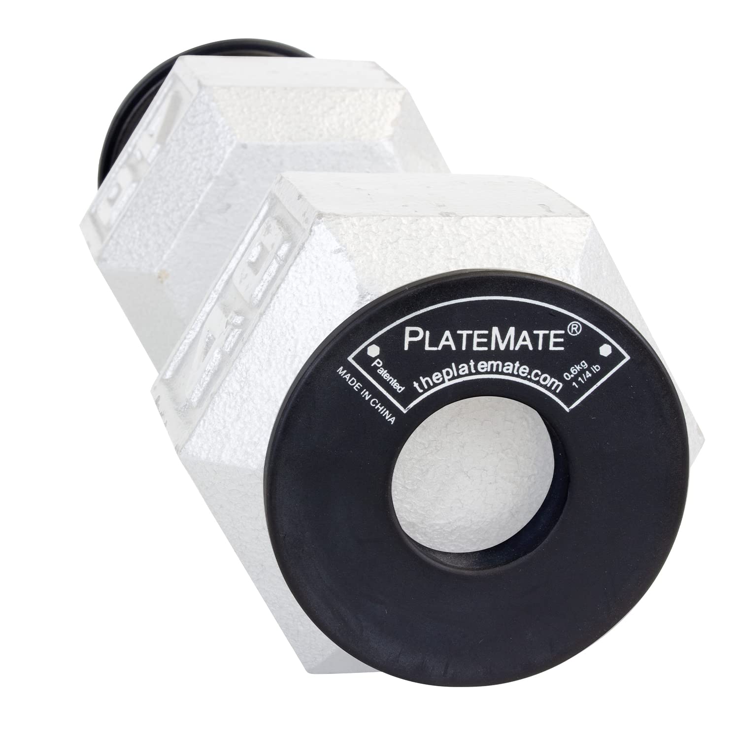 PlateMate donut attached to iron dumbbell demonstrating quick on-off convenience benefit