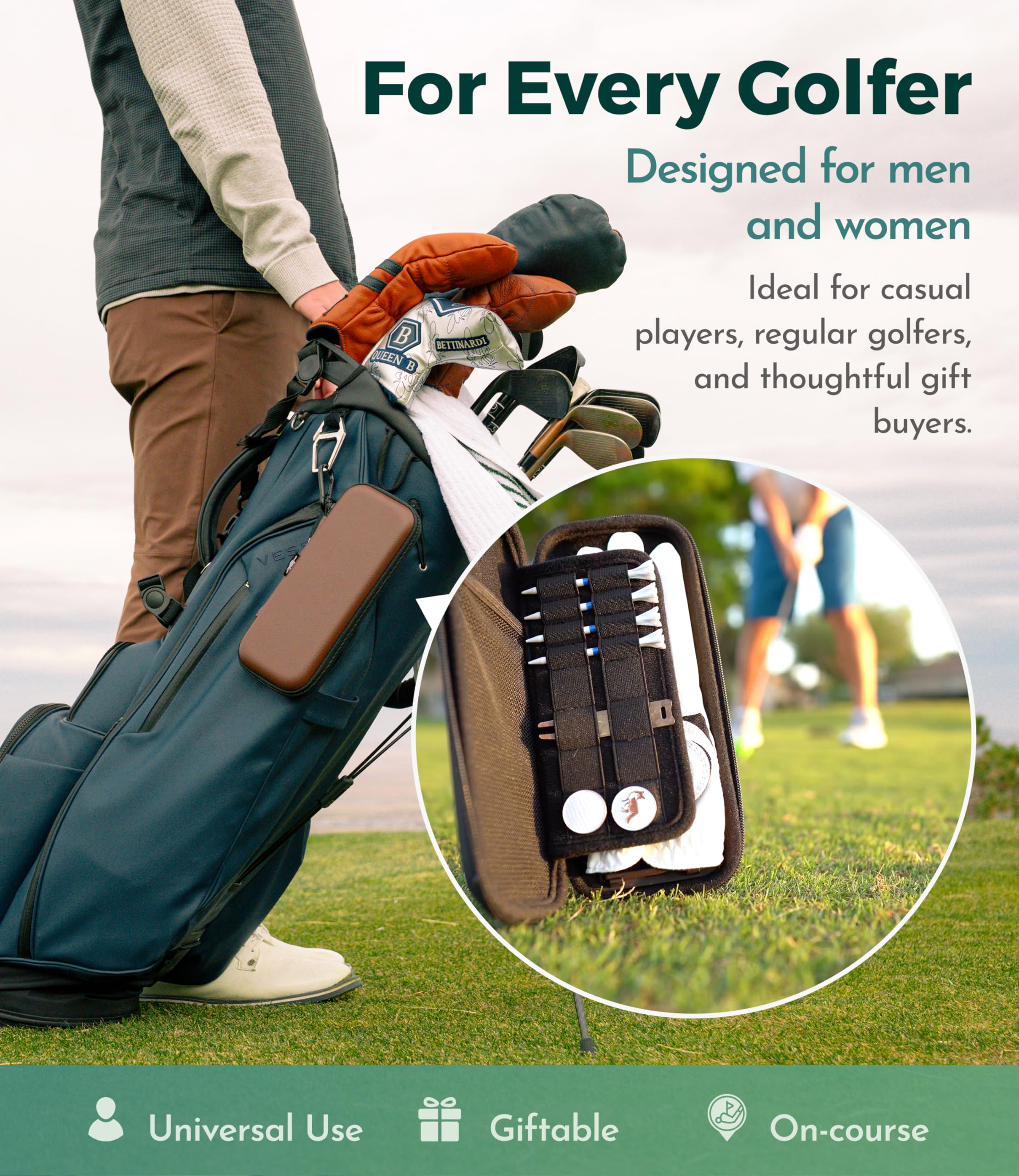 Platypus Golf Co. accessory compartments displaying tees and marker for neat organization