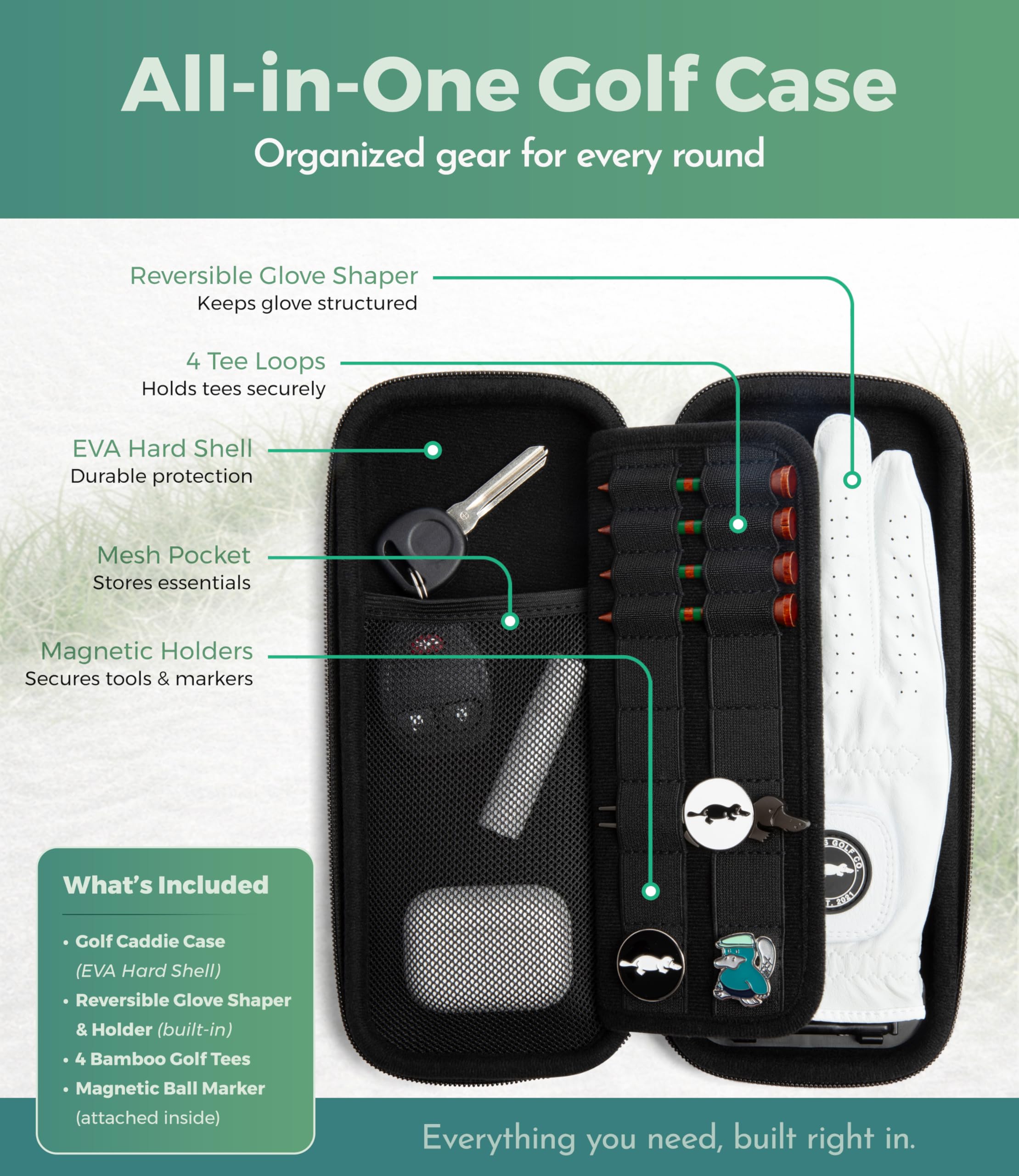 Platypus Golf Co. close-up of patented glove shaper protecting glove shape and fit