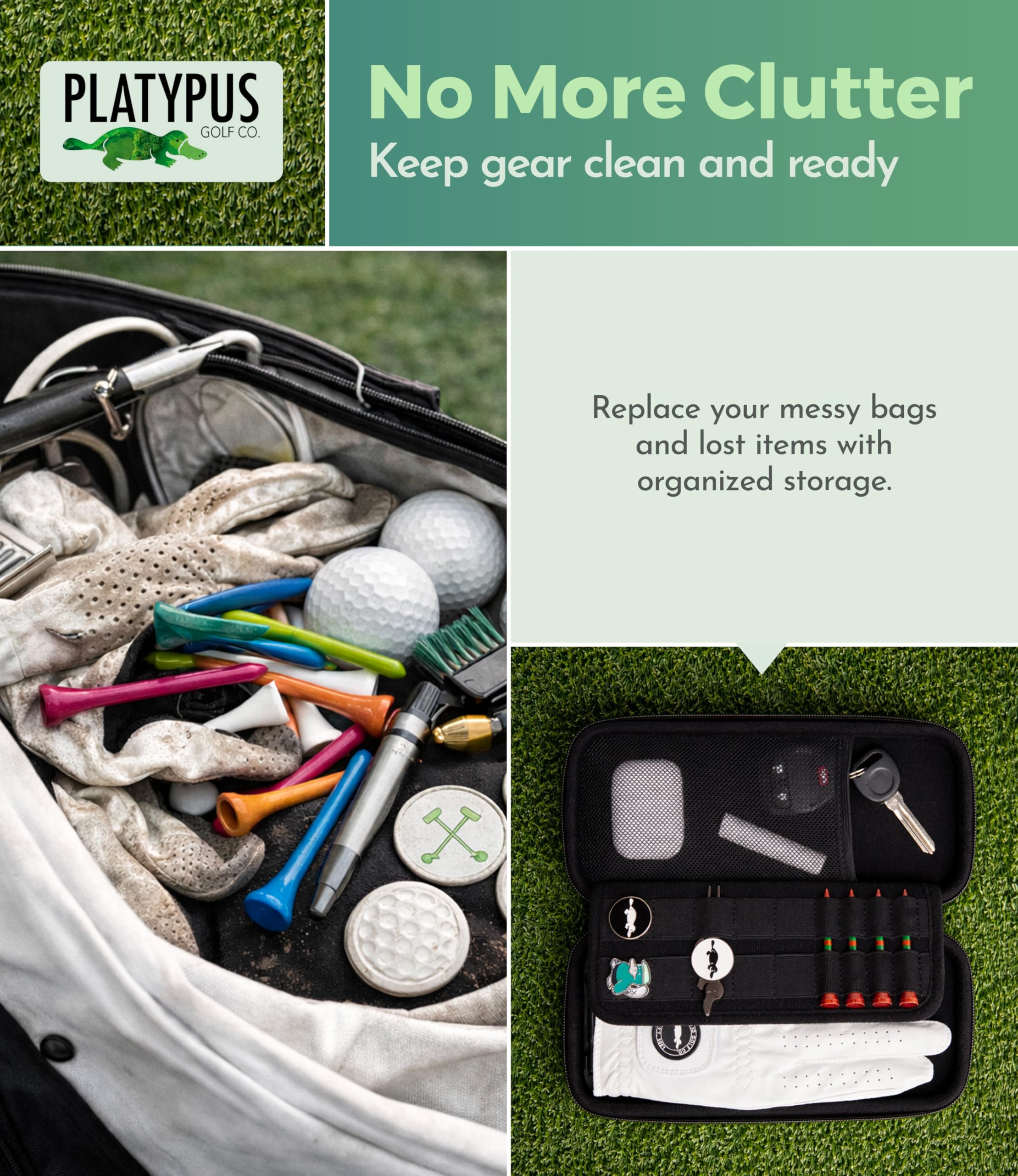 Platypus Golf Co. size comparison next to a scorecard showing compact portability