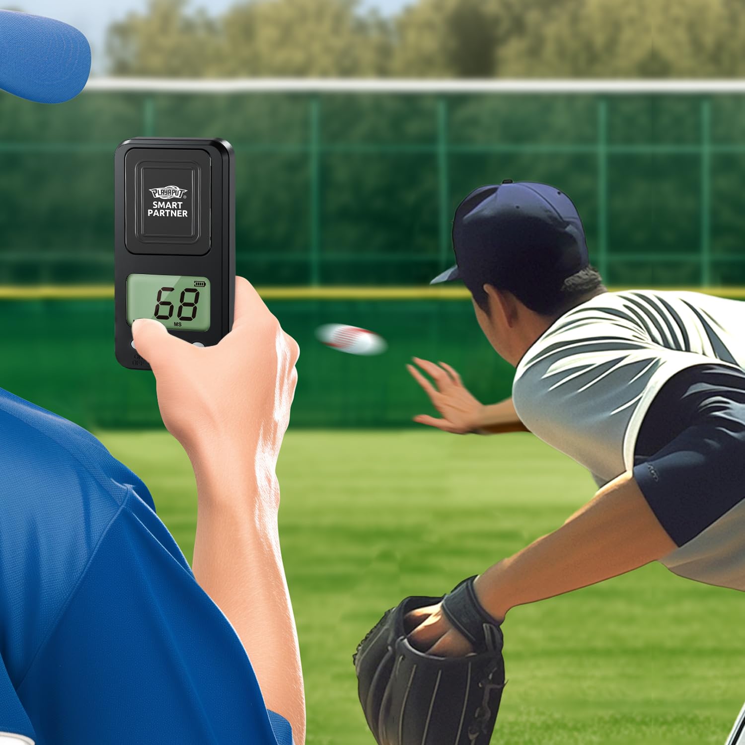 PLAYAPUT radar next to baseball showing size comparison and field readiness