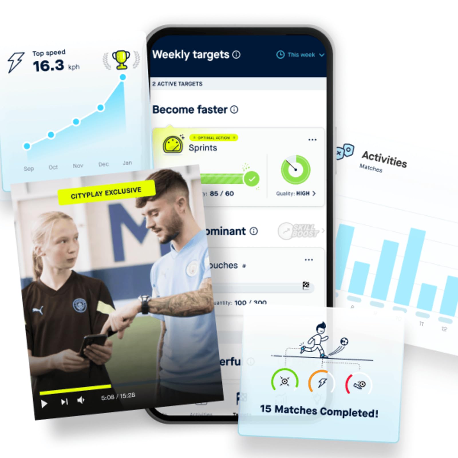 Playermaker CITYPLAY app screen displaying soccer metrics and Manchester City coaching tips