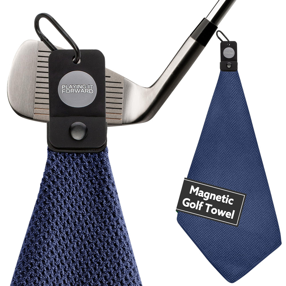 Playing It Forward front view of navy magnetic golf towel showing full size and color benefit