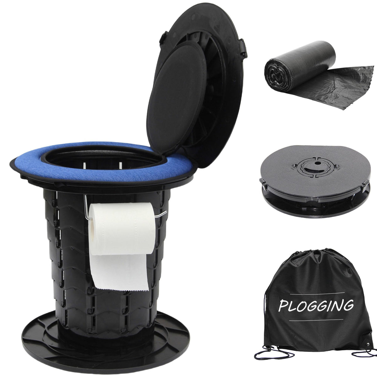 PLOGGING folded portable toilet showing compact storage benefit