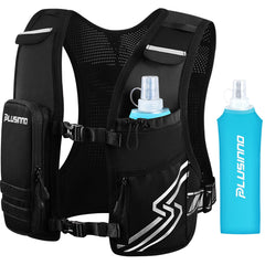 PLUSINNO front view of vest showing pockets and 500ml flask for quick hydration