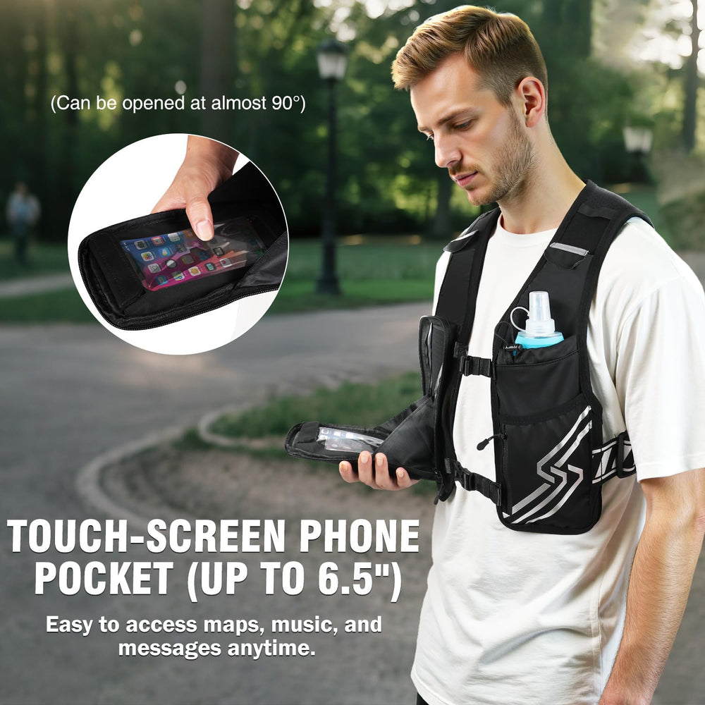 PLUSINNO clear phone pocket in front showing touchscreen use while running