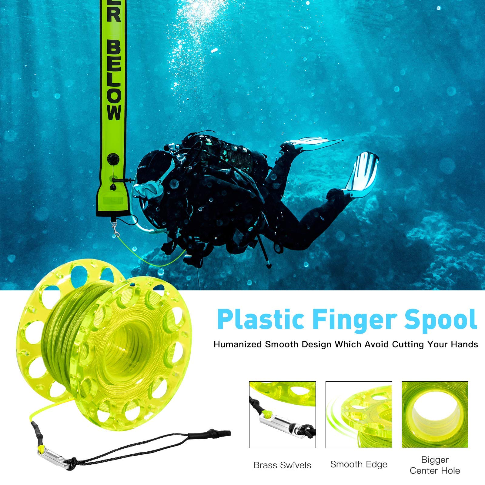 Pluzluce inflated surface marker buoy floating in sea demonstrating easy spotting