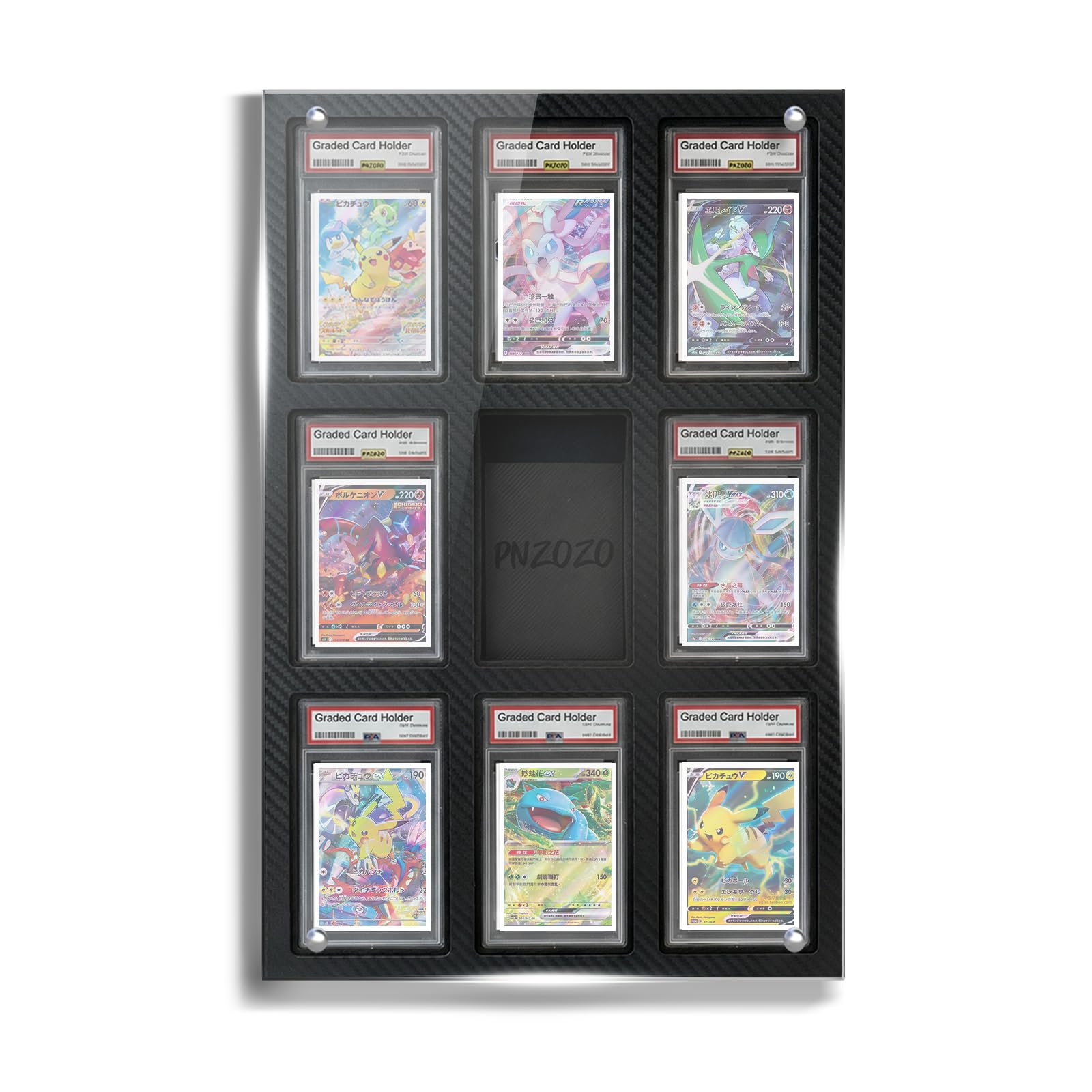 PNZOZO front view of nine-slot slab display showing clean presentation and protection