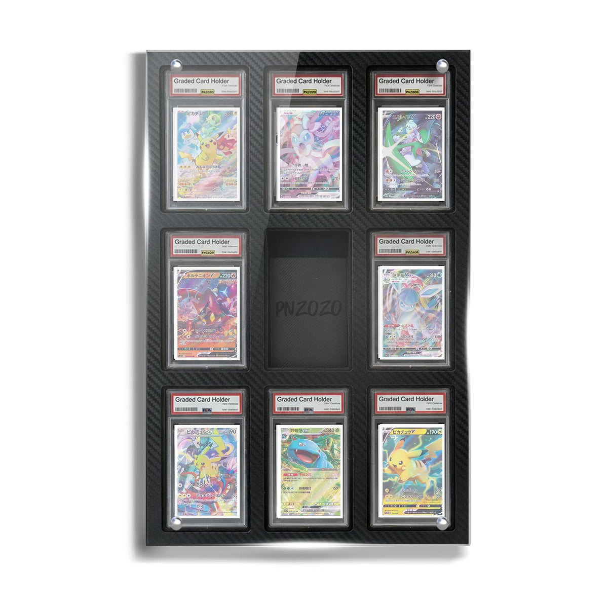 PNZOZO front view of nine-slot slab display showing clean presentation and protection