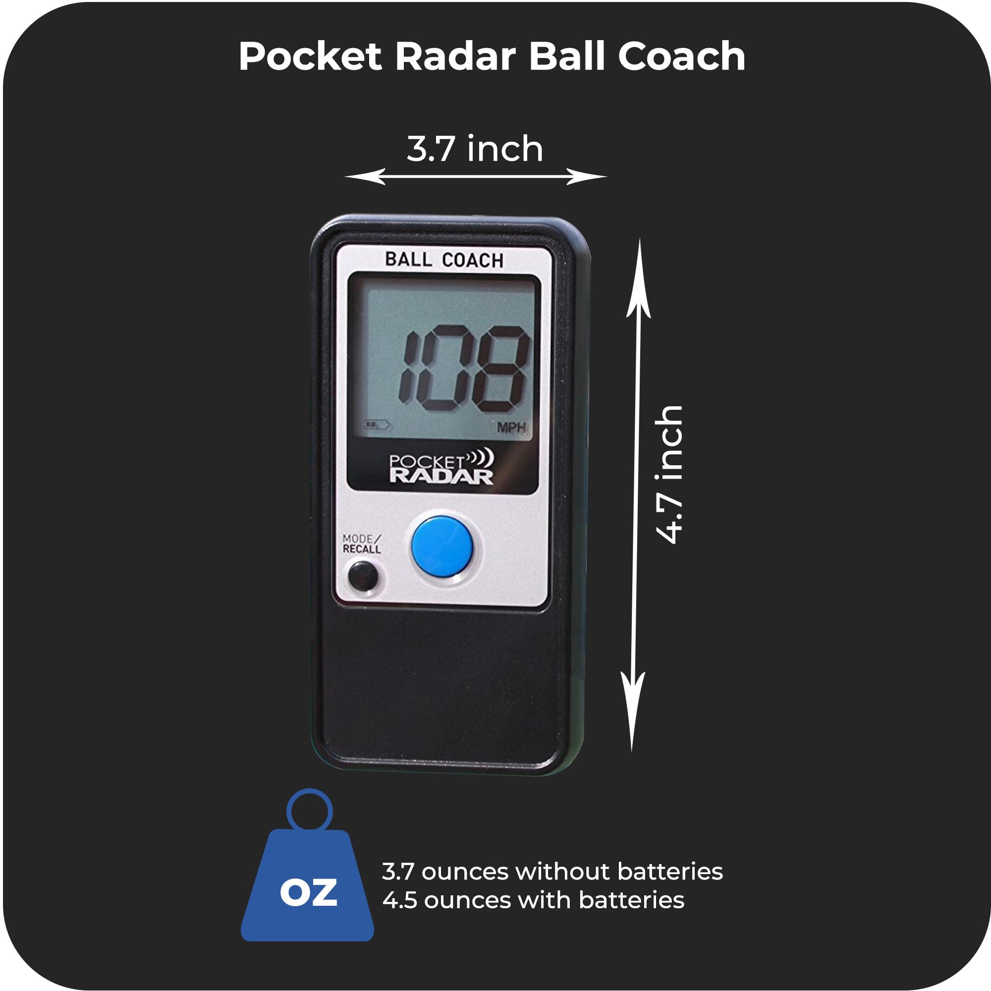 Pocket Radar beside a baseball showing compact 6.5 x 5 x 2-inch size