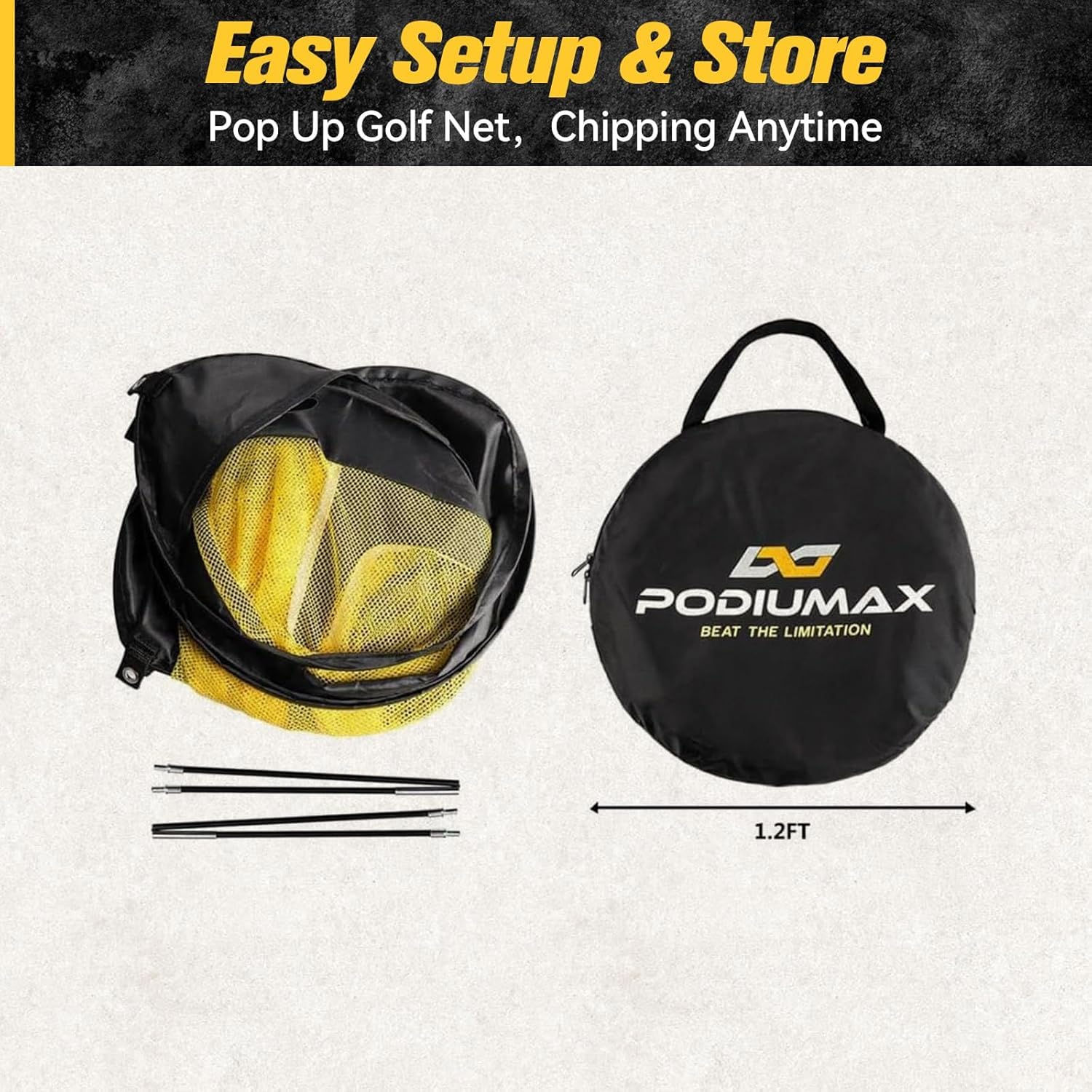 PodiuMax next to golf balls to show compact size and transport convenience