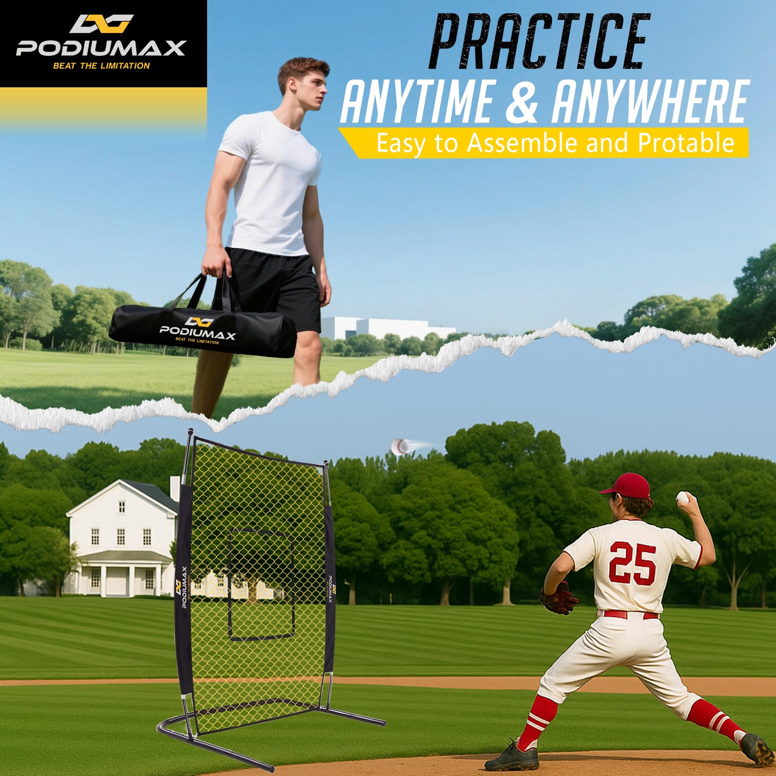 PodiuMax ground anchors and sandbags securing screen for stable training