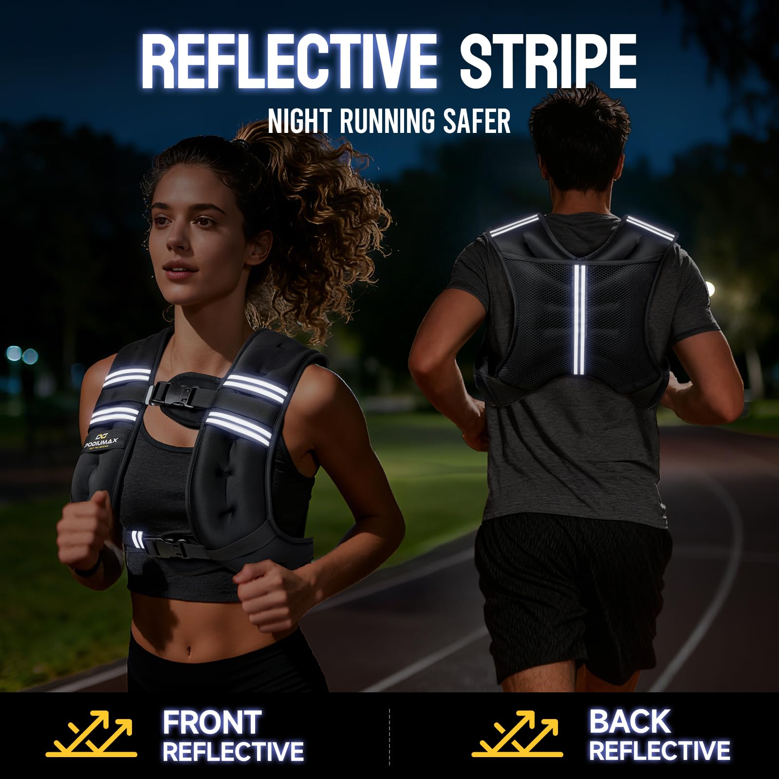 PodiuMax reflective strips visible during night run for improved visibility