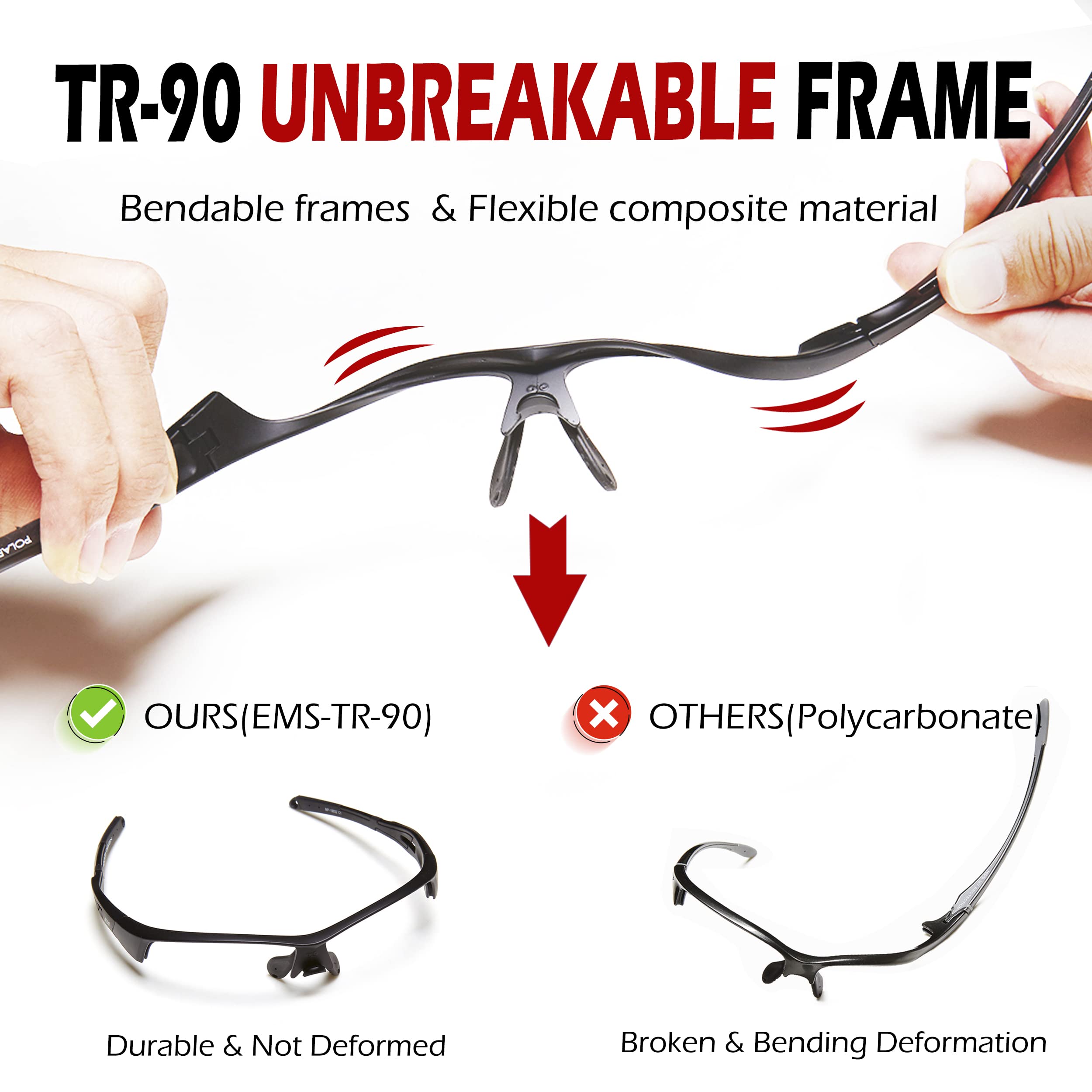 POLARS DESIGN close-up of flexible TR90 frame highlighting durability benefit