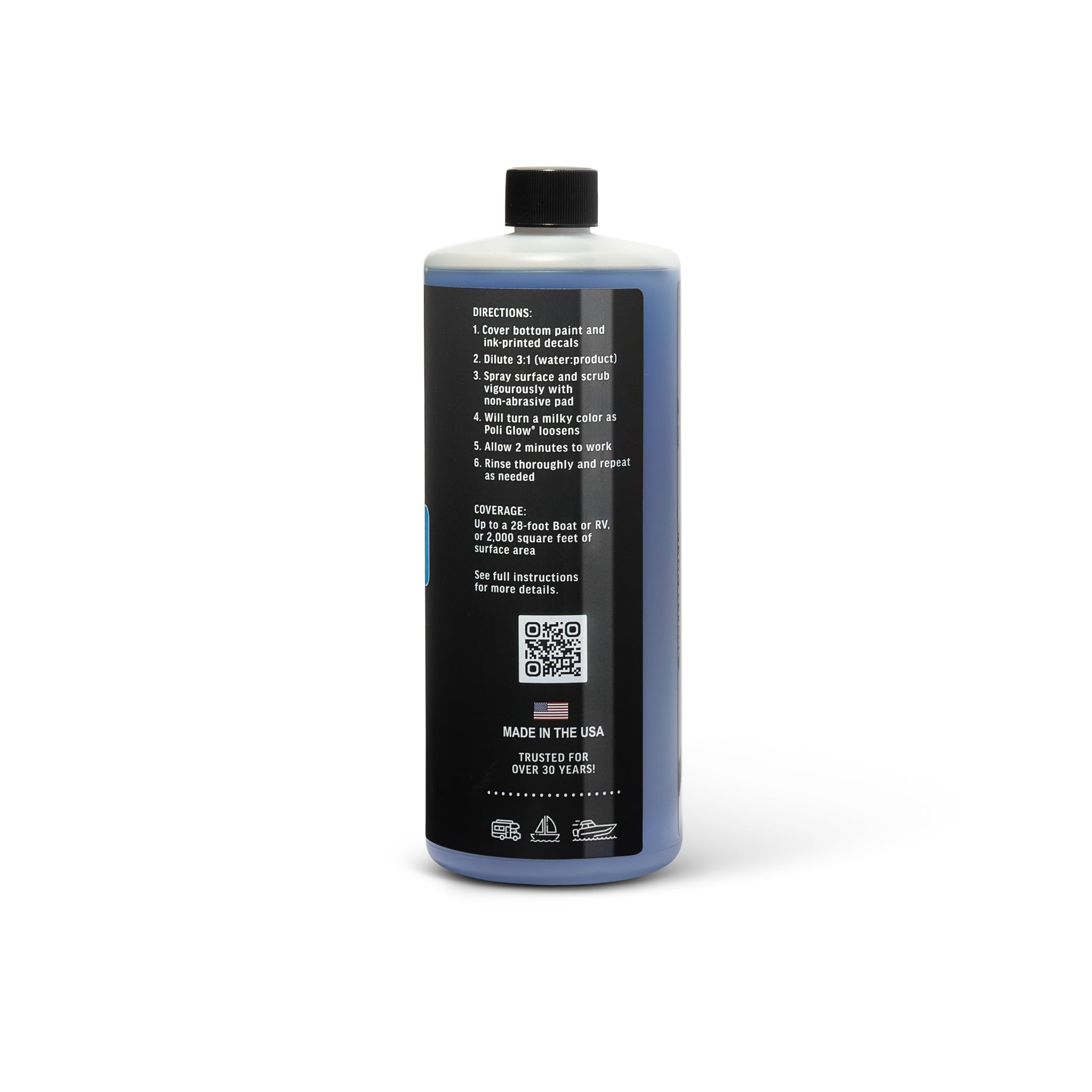 Poli Glow bottle with non-abrasive scrub pad showing application method benefit