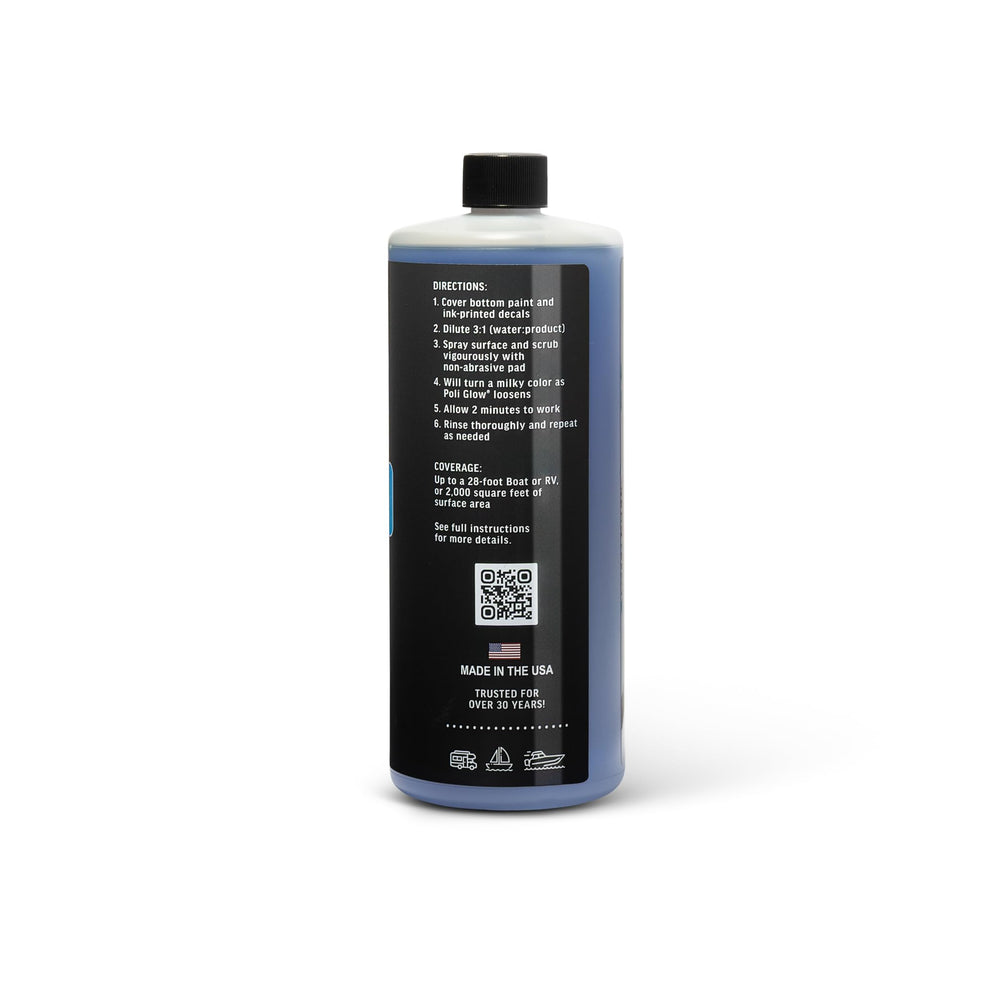 Poli Glow bottle with non-abrasive scrub pad showing application method benefit