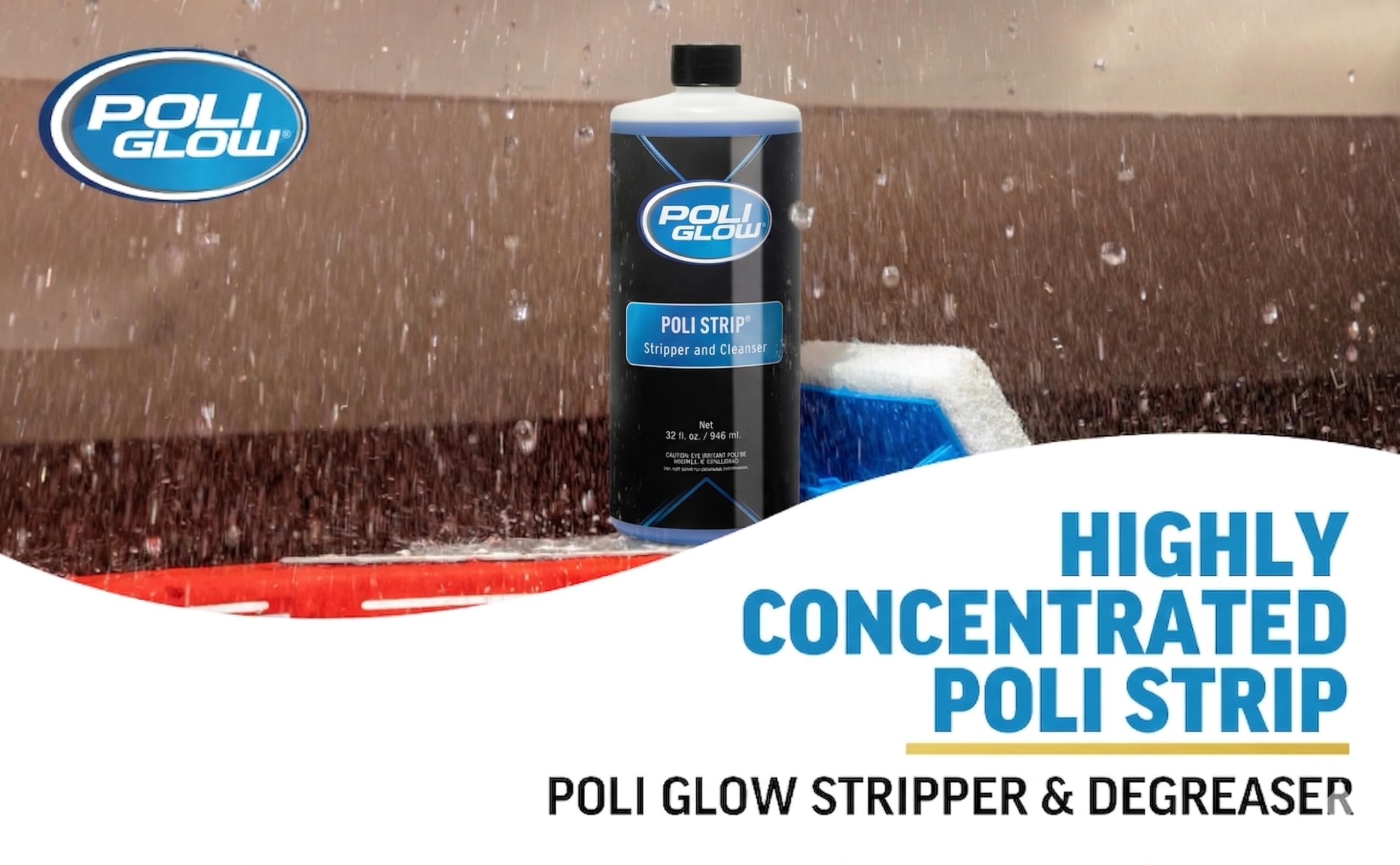 Poli Glow before and after boat side showing stripped finish and restored surface