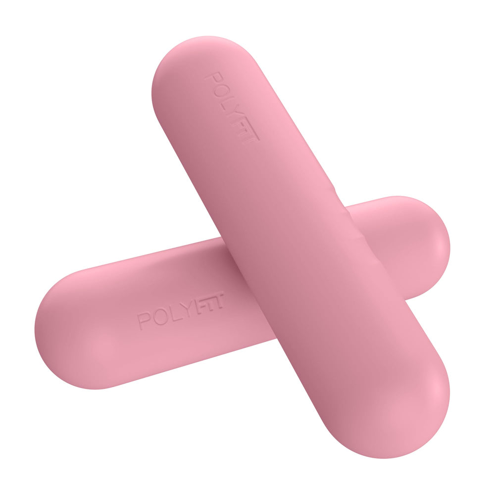 Polyfit blush pink dumbbell front view showing sleek compact design and portability