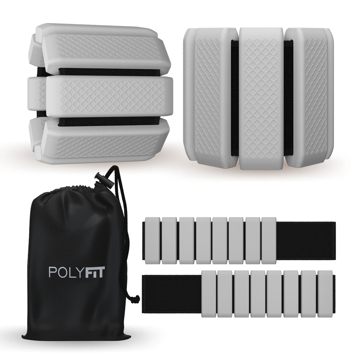Polyfit front view of cool grey wearable weights showing sleek design and easy storage benefit