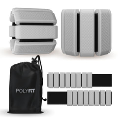 Polyfit front view of cool grey wearable weights showing sleek design and easy storage benefit