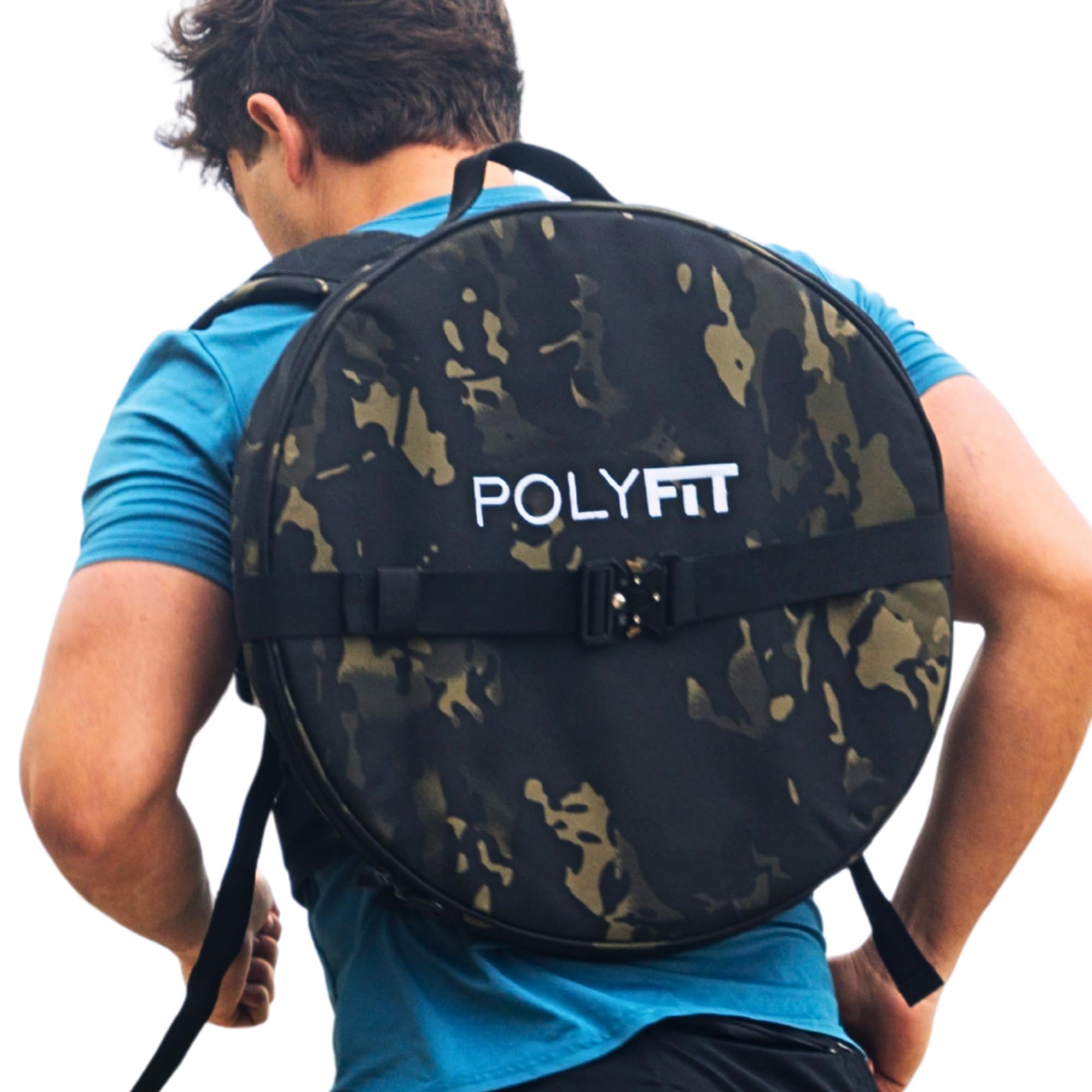 Polyfit PL8 front view black camo showing sleek pack and secure plate placement for versatile training