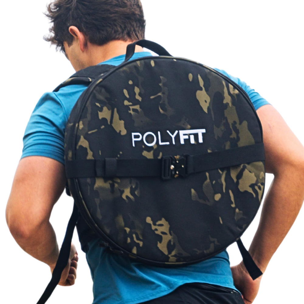 Polyfit PL8 front view black camo showing sleek pack and secure plate placement for versatile training