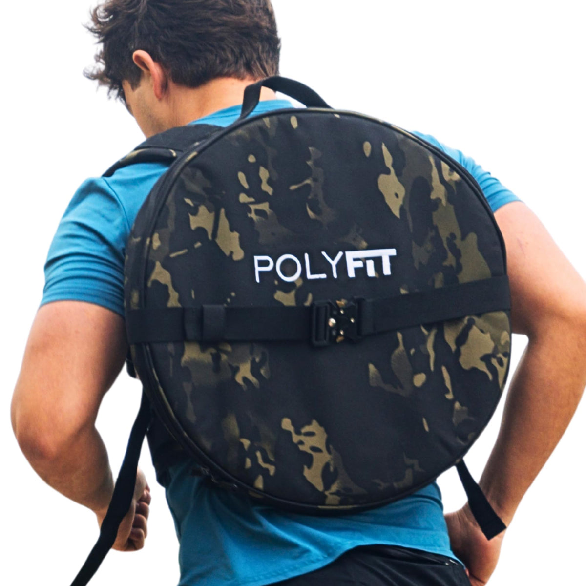 Polyfit PL8 front view black camo showing sleek pack and secure plate placement for versatile training