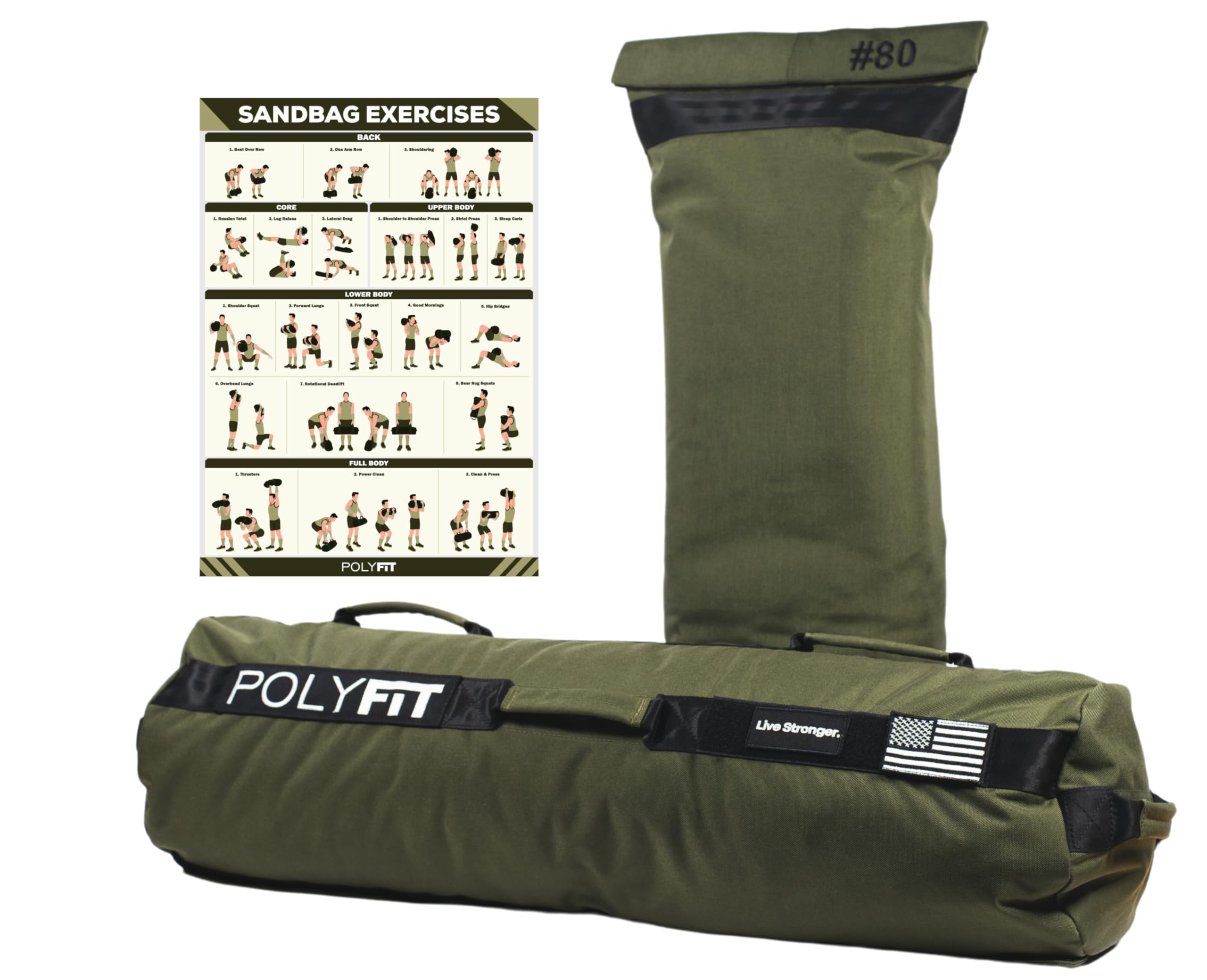Polyfit sandbag pro front view showing green shell and 80LB capacity benefit durability