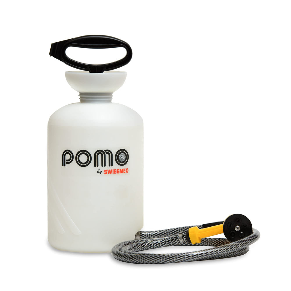 Pomo front view of 1.5 gallon portable shower showing capacity and handle benefit