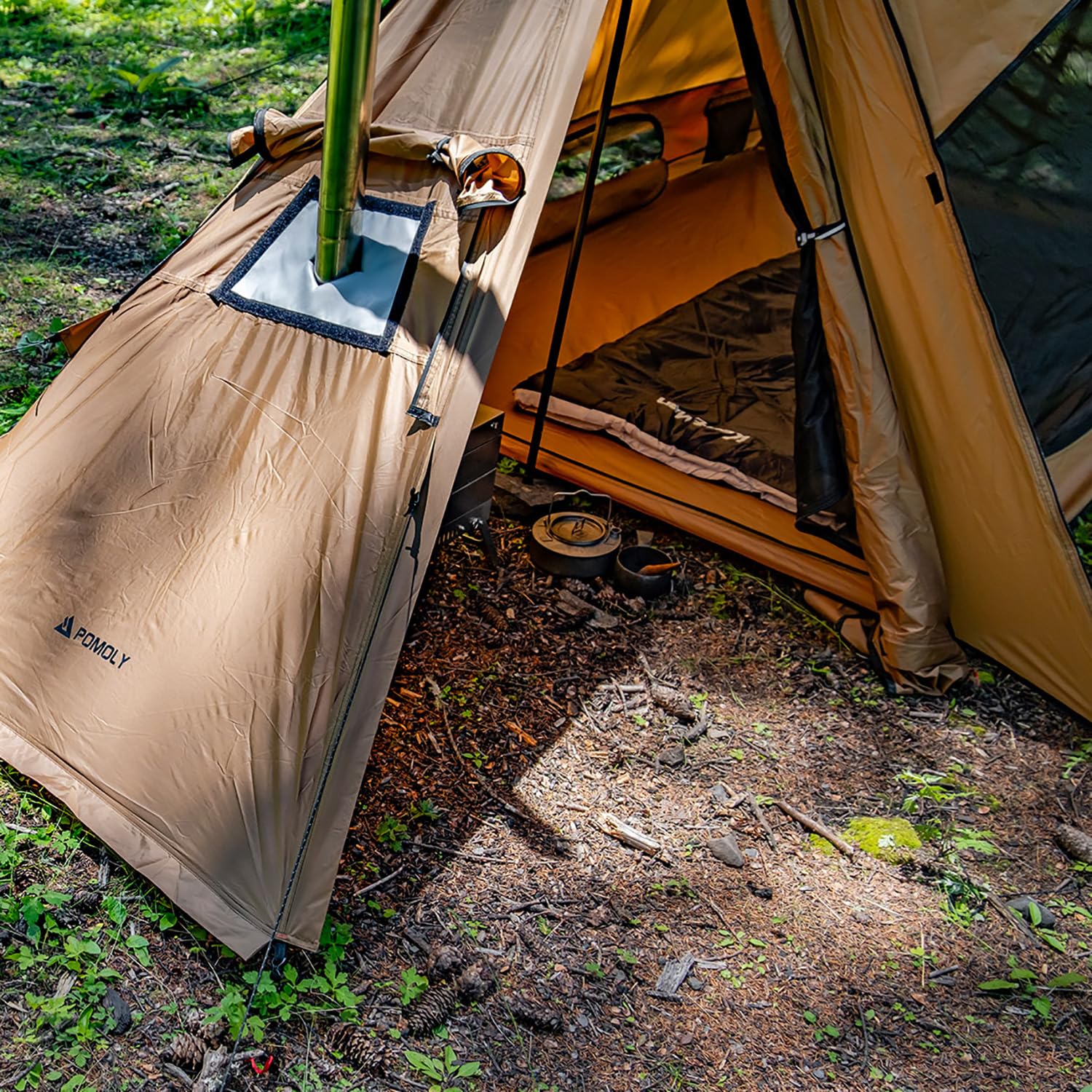 POMOLY tent in backcountry scene offering year-round shelter benefit