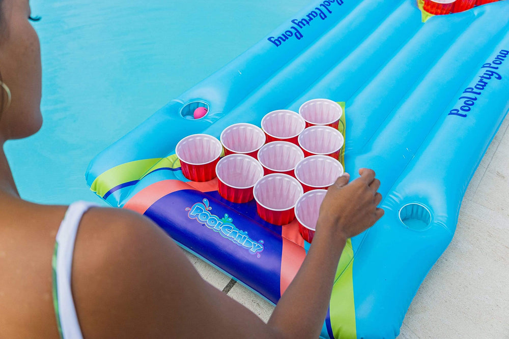 Poolcandy with pump attached for quick inflation, speeds setup