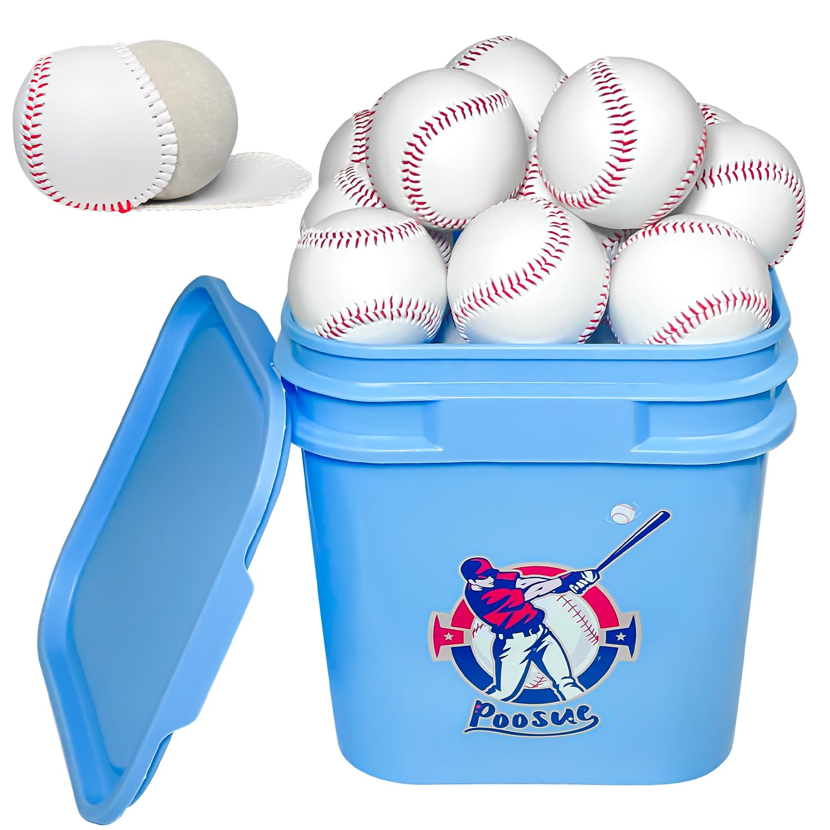 Poosue bucket of 24 balls showing front packaging and easy access for coaches