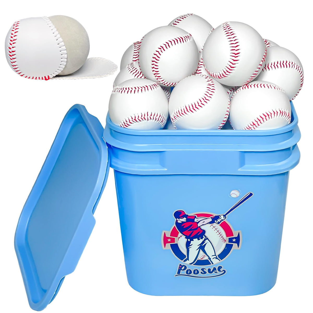 Poosue bucket of 24 balls showing front packaging and easy access for coaches