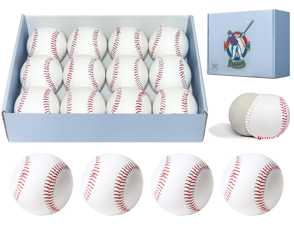 Poosue front view of 12-pack showing blank baseballs and package benefit: ready for practice