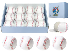 Poosue front view of 12-pack showing blank baseballs and package benefit: ready for practice