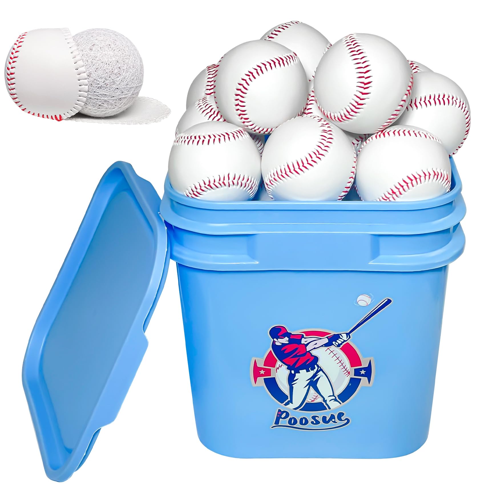 Poosue front pack bucket showing 24 practice baseballs and easy transport benefit