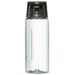 Porsche Motorsport water bottle front view showing sleek smokey finish and 600 ml capacity benefit