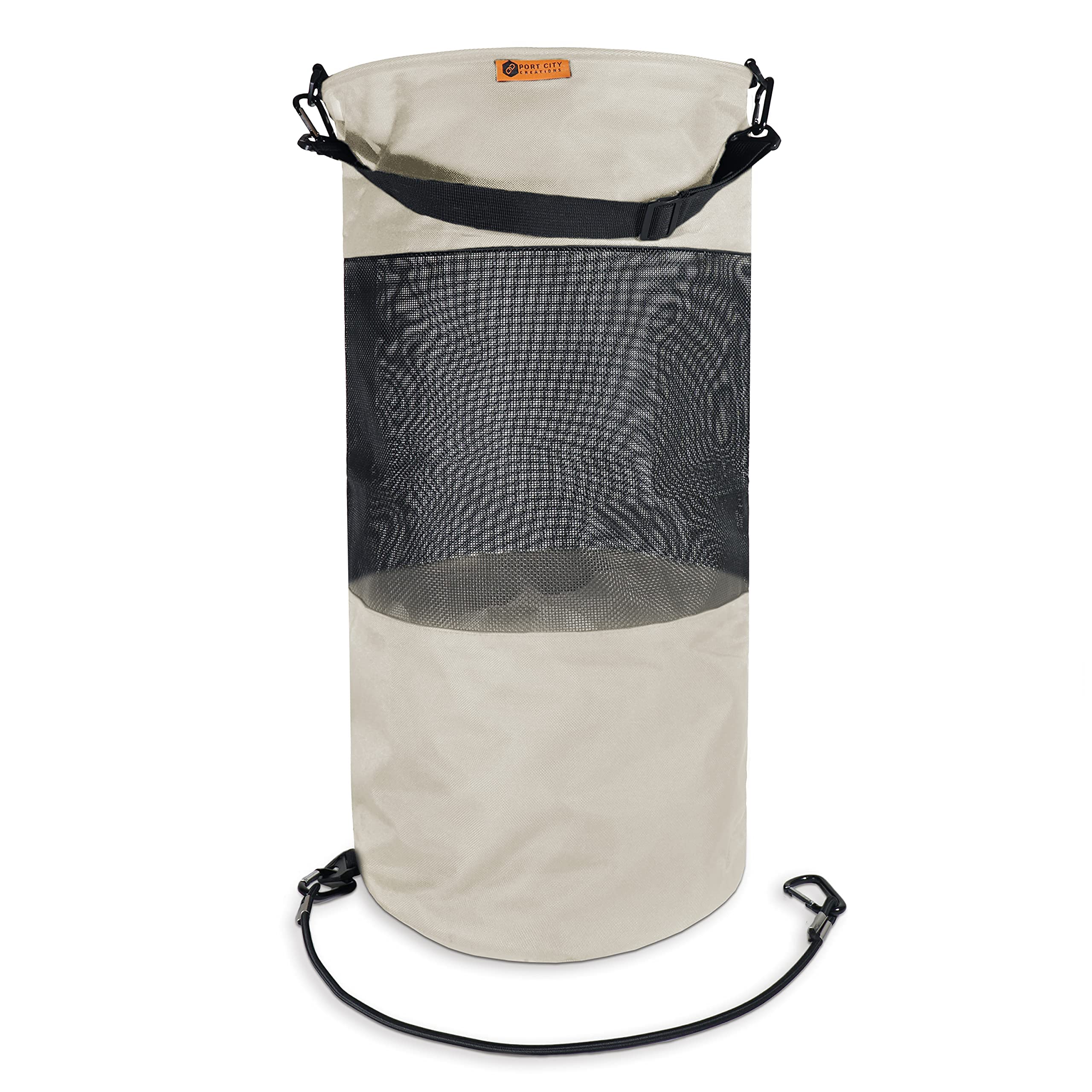 Port City Creations front view beige bag showing shape and hanging strap benefit keeps deck tidy