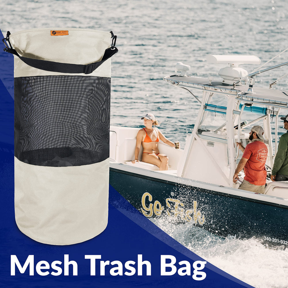 Port City Creations hanging on boat rail in use benefit prevents trash from blowing overboard