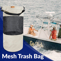 Port City Creations hanging on boat rail in use benefit prevents trash from blowing overboard