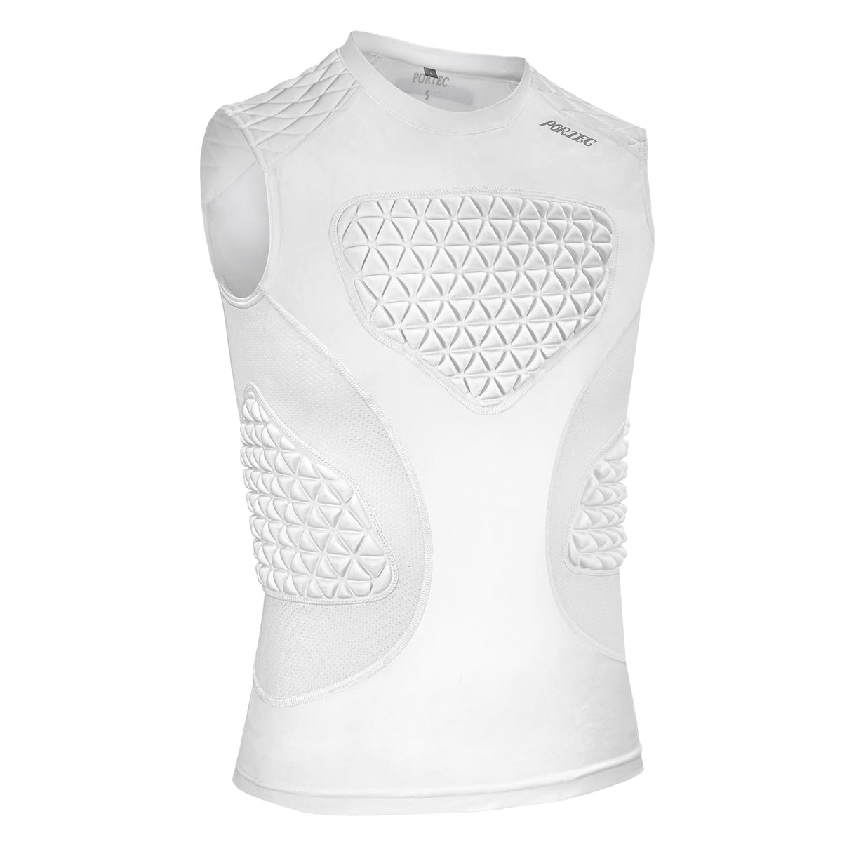 PORTEC front view of white chest protector showing protective coverage and mobility