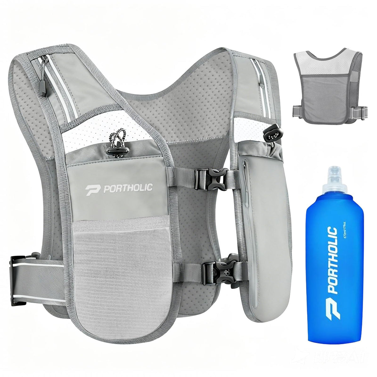 PORTHOLIC front view of grey vest showing snug fit and storage benefits