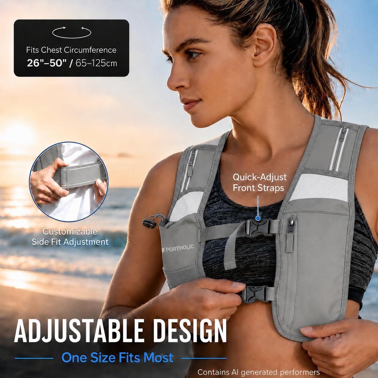 PORTHOLIC model wearing vest while running demonstrating comfortable movement