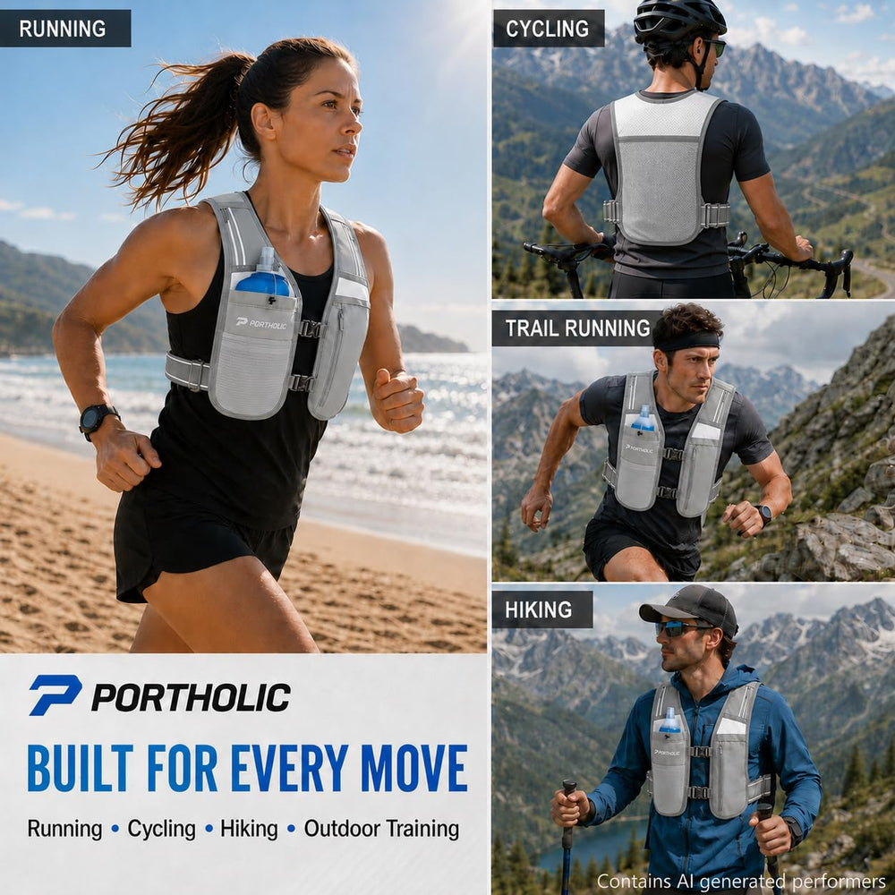 PORTHOLIC vest held in hand to show scale and lightweight 234g benefit