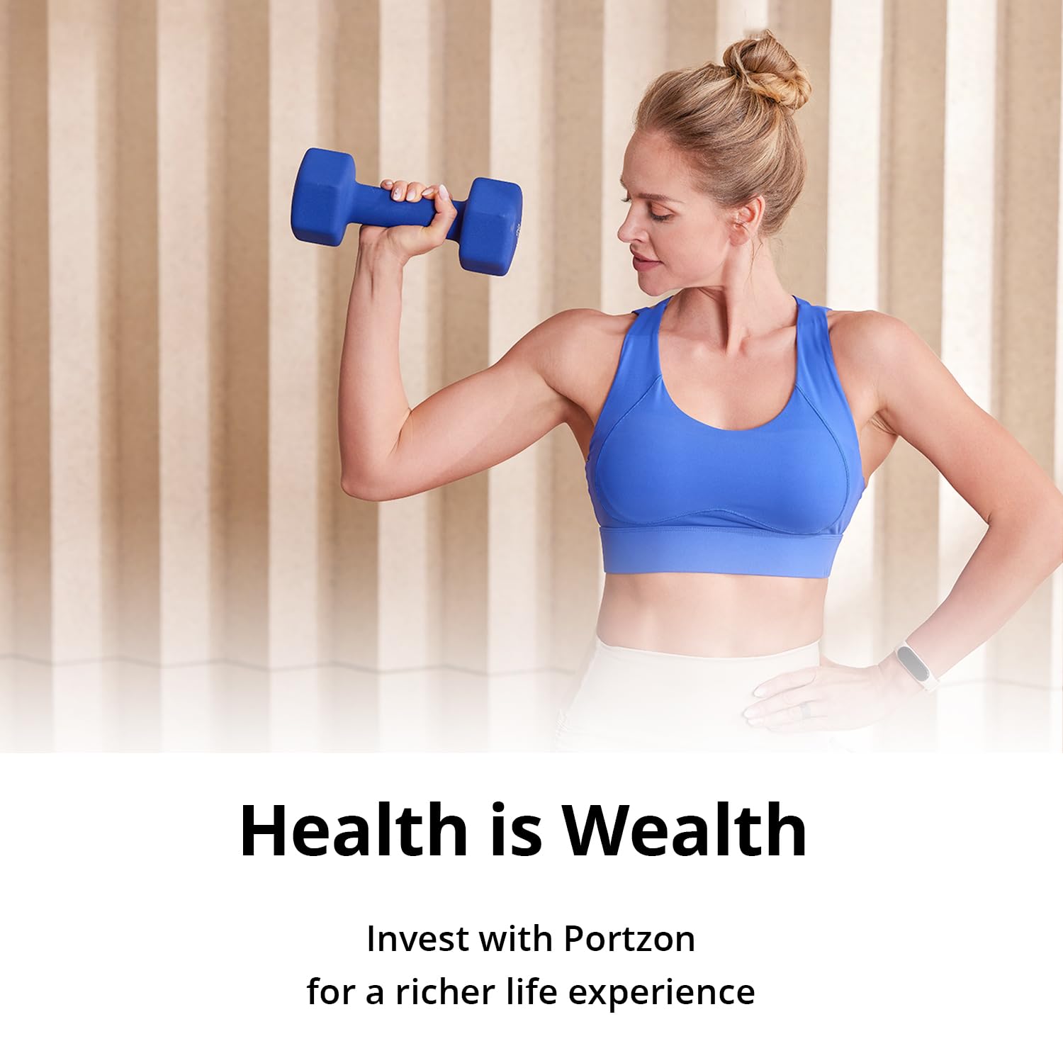 Portzon dumbbell next to water bottle showing compact scale for portability