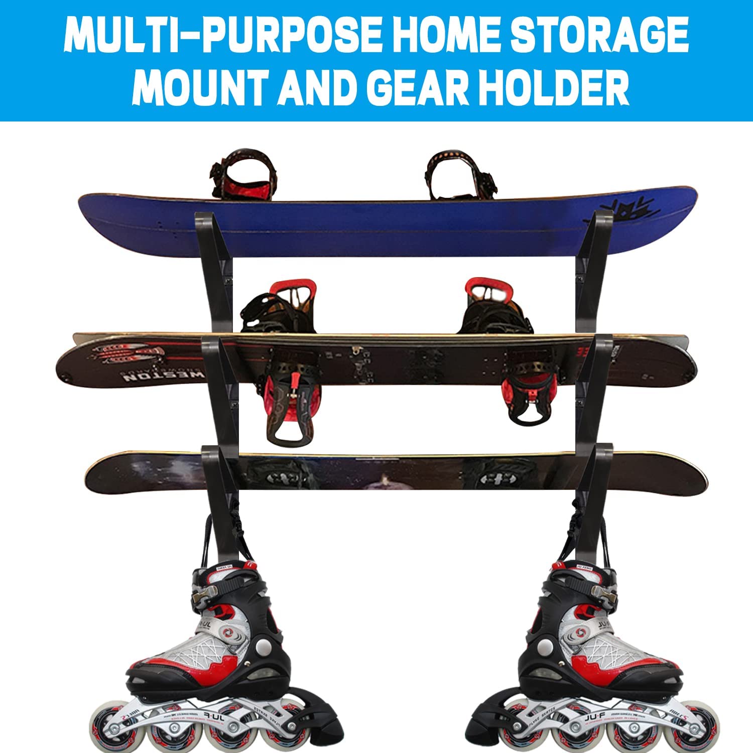 Poskad rack mounted with a snowboard showing secure display and floor-space saving