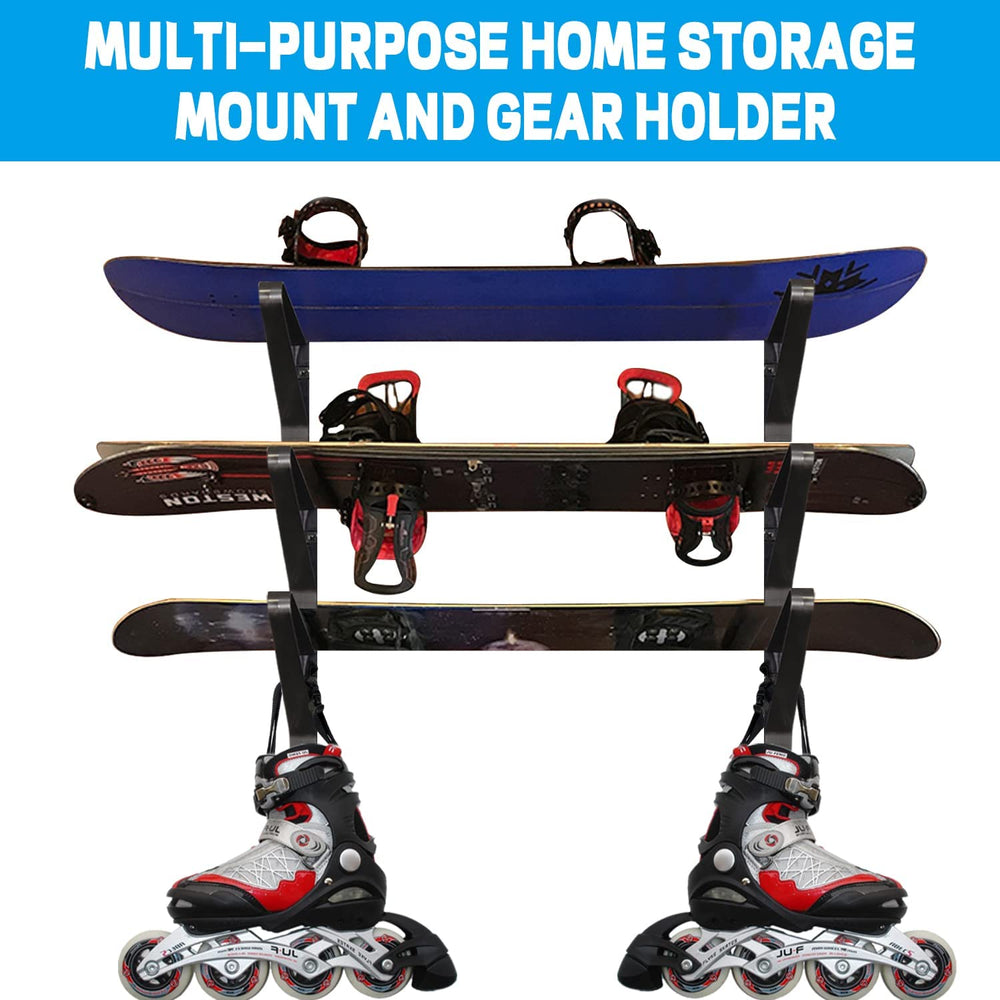 Poskad rack mounted with a snowboard showing secure display and floor-space saving