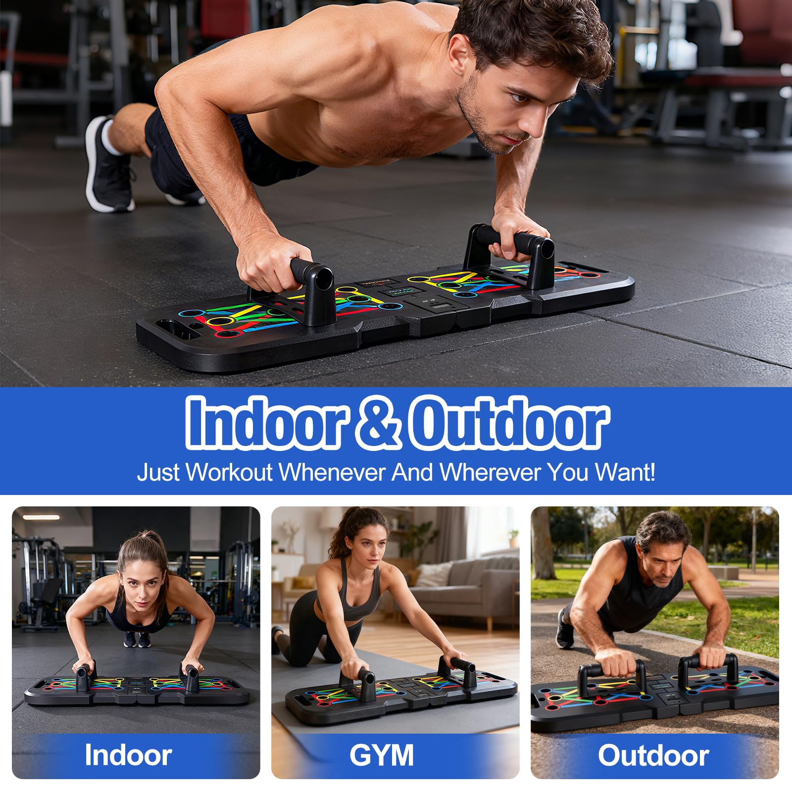 POSKOU board in use by man demonstrating varied pushup positions benefit