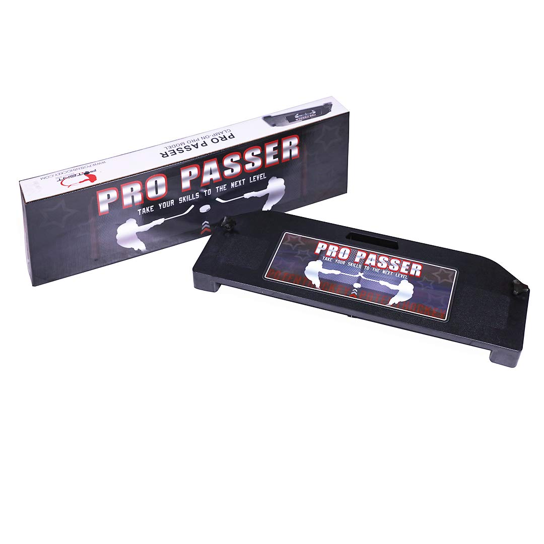 Potent passer next to hockey stick for scale showing compact portable training aid