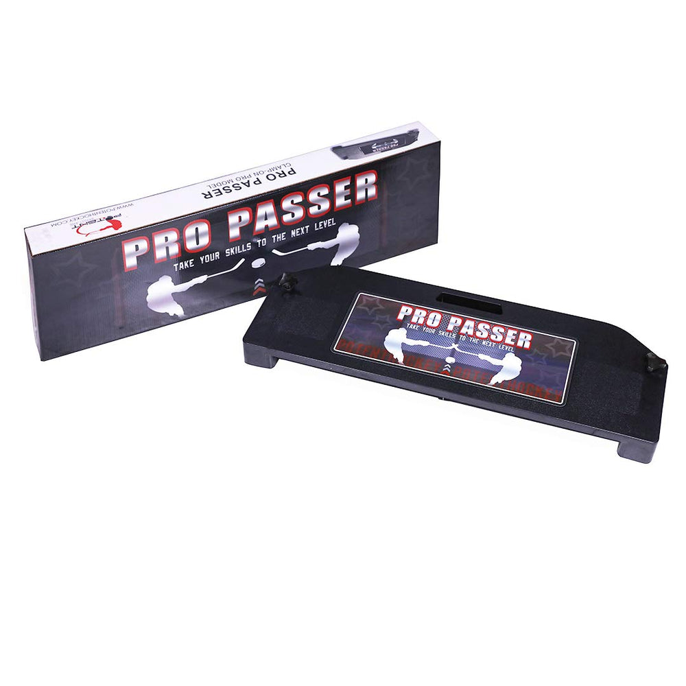 Potent passer next to hockey stick for scale showing compact portable training aid